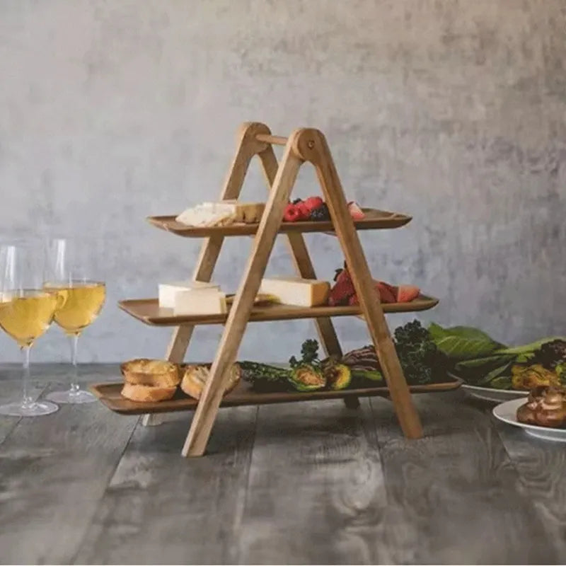Maliben | 3-tier wooden step plate decor cake stand farmhouse step plate party serving dish and trays