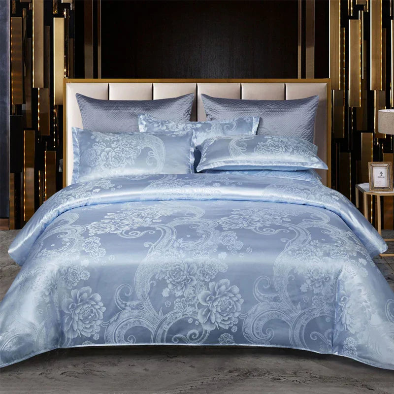 Maliben | Luxurious SatIn Rayon Jacquard Duvet Cover in Gold & Blue