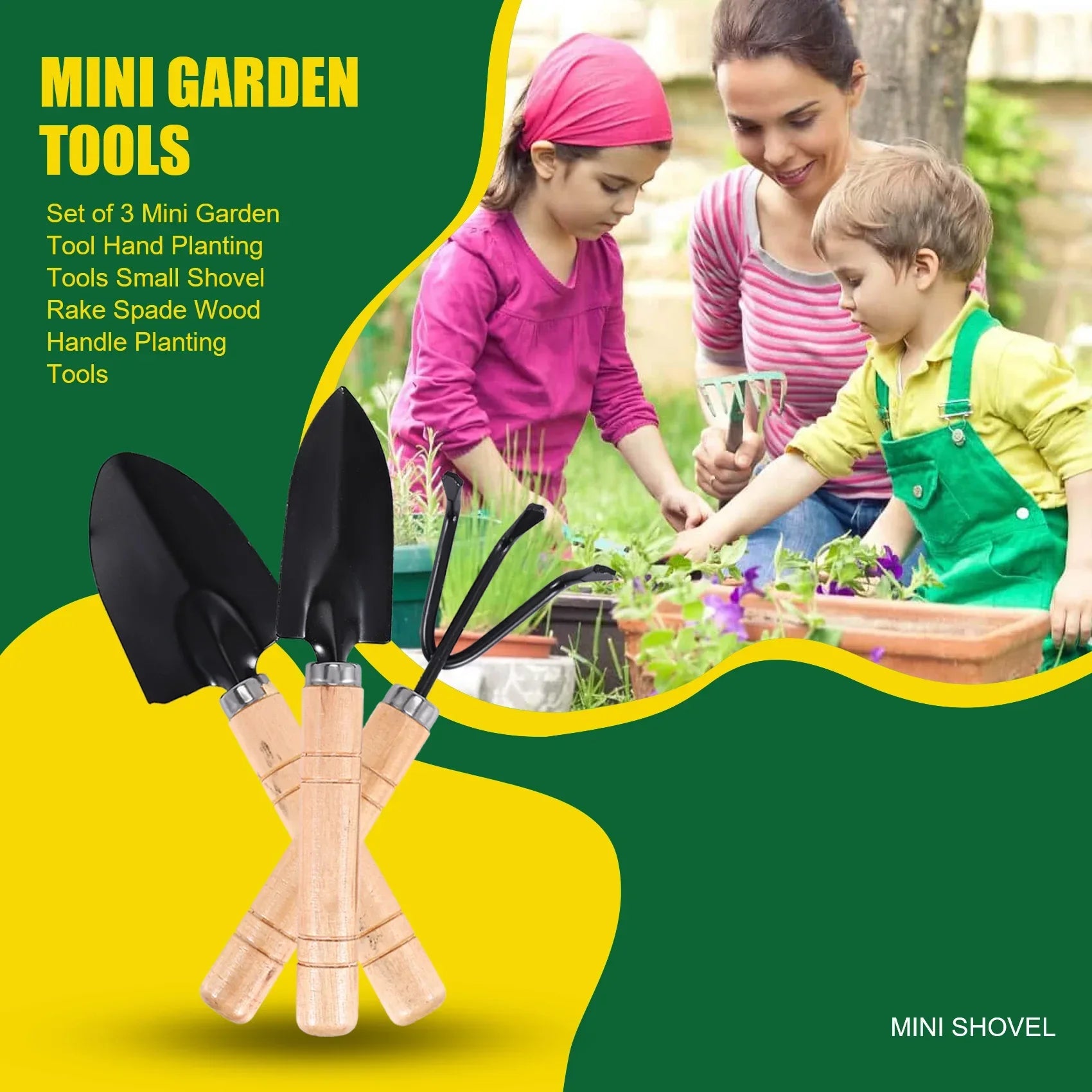 Maliben | Planturio Mini Garden Tool Set 3-Piece | Spade, Shovel & Rake | Wooden Handle & Metal Head | For Bonsai & Houseplants