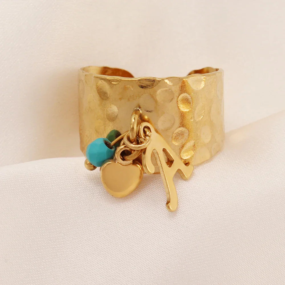 Maliben | Dainty Adjustable Letter Initial & Heart Pendant Ring