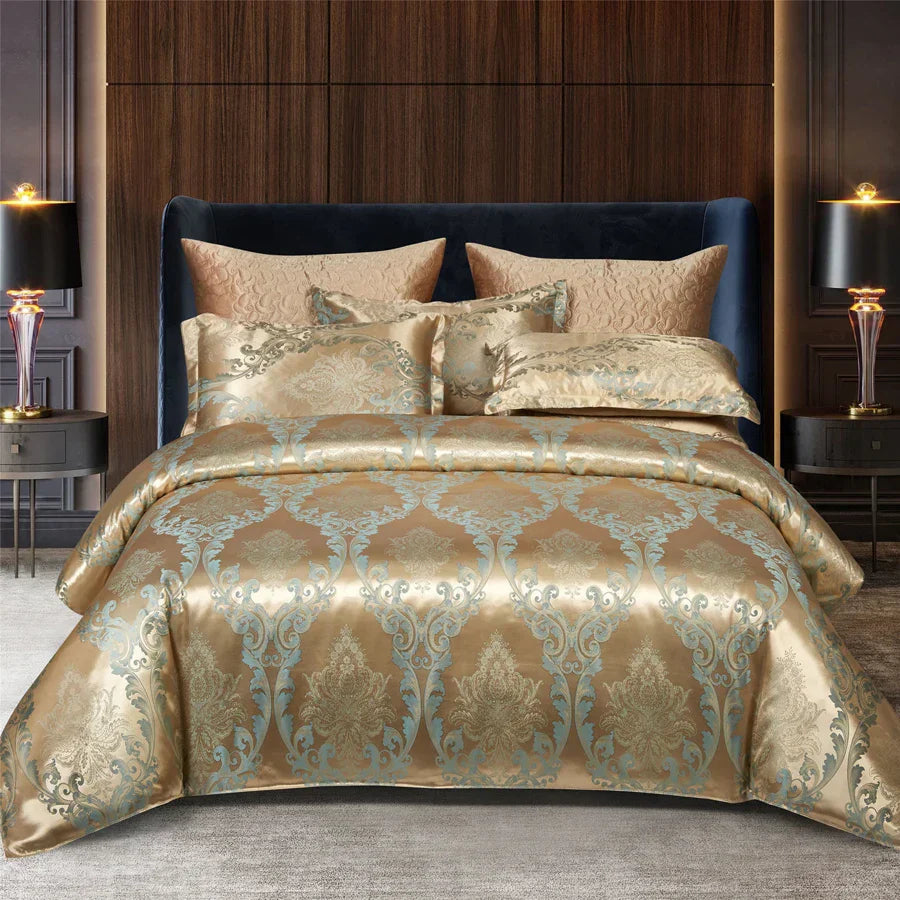Maliben | Luxurious SatIn Rayon Jacquard Duvet Cover in Gold & Blue
