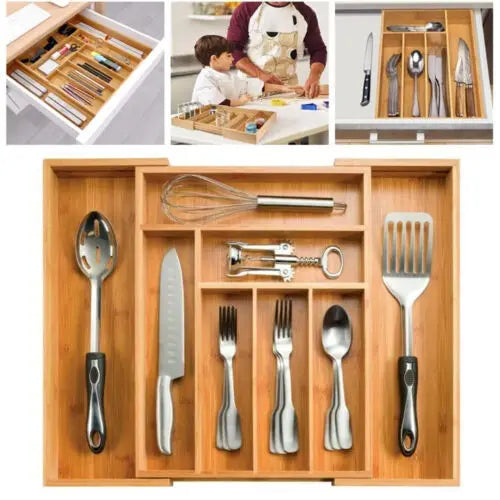 Maliben | Bambusio Cutlery Tray Made Of Bamboo | Expandable 32–52 Cm | 6–8 Compartments | Sustainable Drawer Insert For Kitchen, Bathroom & Office