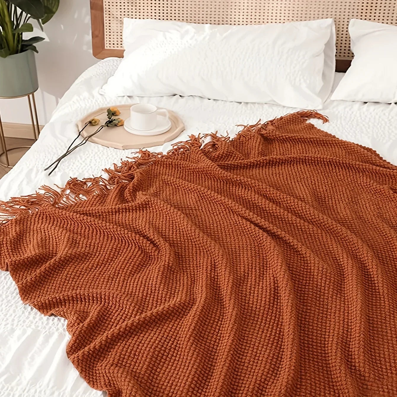 Maliben | Aurelia Cozy Tassel Knitted Blanket In Morandi Orange | Soft & Warm | 3 Sizes | For Sofa, Bed & Travel