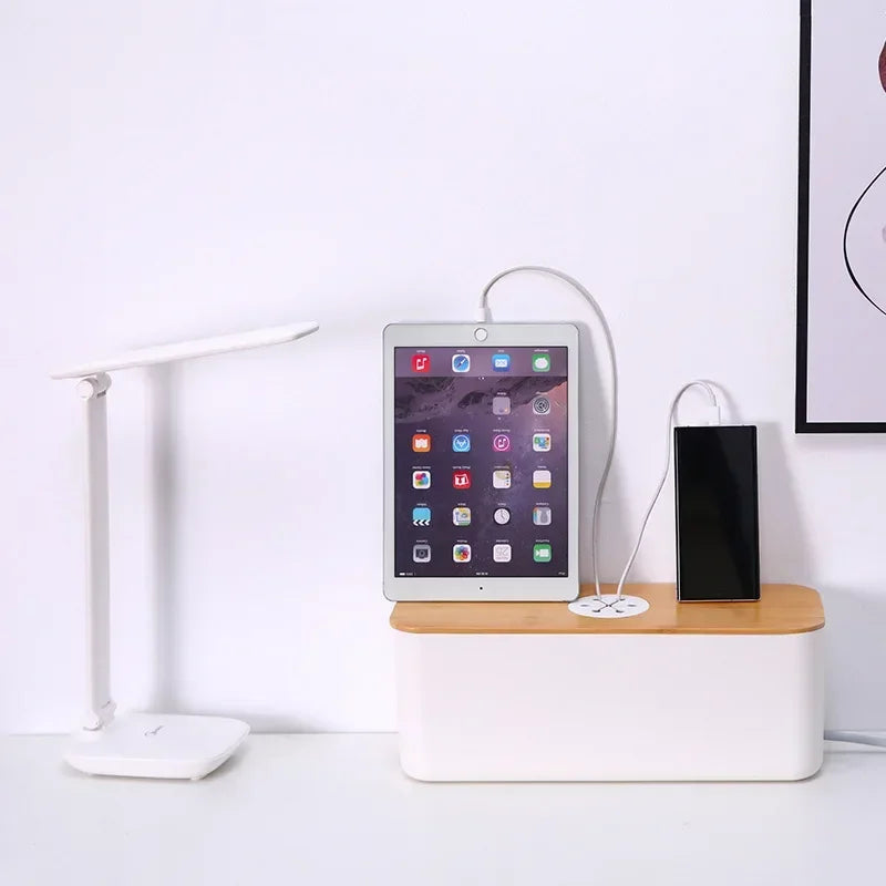 Maliben | Cable Box Orgawood | Desk Organizer Made Of Wood & Plastic | For Chargers, Cables & Accessories | 29.5×11.4×11 Cm