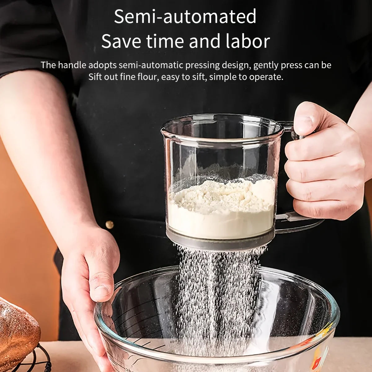 Maliben | Bakina Flour Sieve Semi-Automatic | Double Sieve With Squeeze Handle | Fine Mesh For Baking & Powdered Sugar | Set Of 2