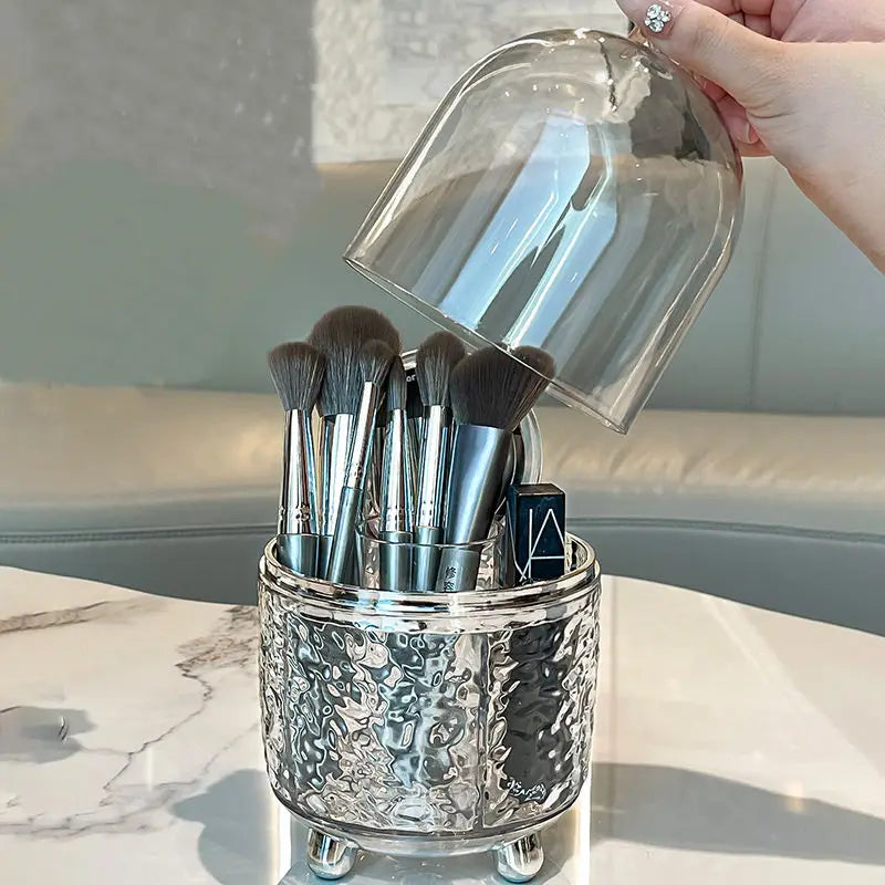 Maliben | Lumora Make-Up Brush Organizer With Lid | Dustproof & Rotatable | For Brushes, Lipsticks & Perfume | 360° Rotating | Silver/Gray