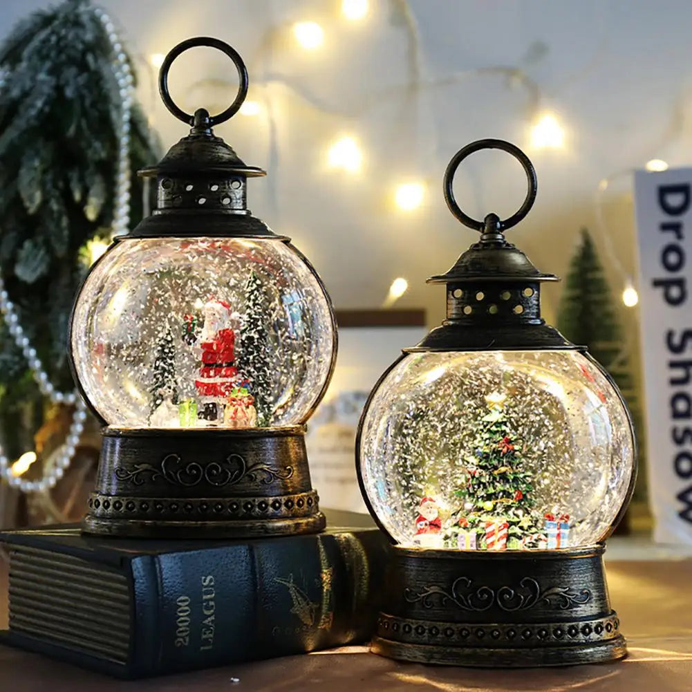Maliben | Lunavera Christmas Snow Globe Lantern | Music Box With Led Light & Glitter | Vintage Gold Design | Usb & Battery Operated | 21–26 Cm