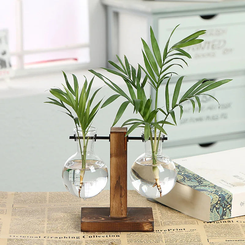 Maliben | Naturiva Design Glass Vase With Wooden Frame | For Cut Flowers & Hydroponics | Scandinavian Style | 3-Piece Set