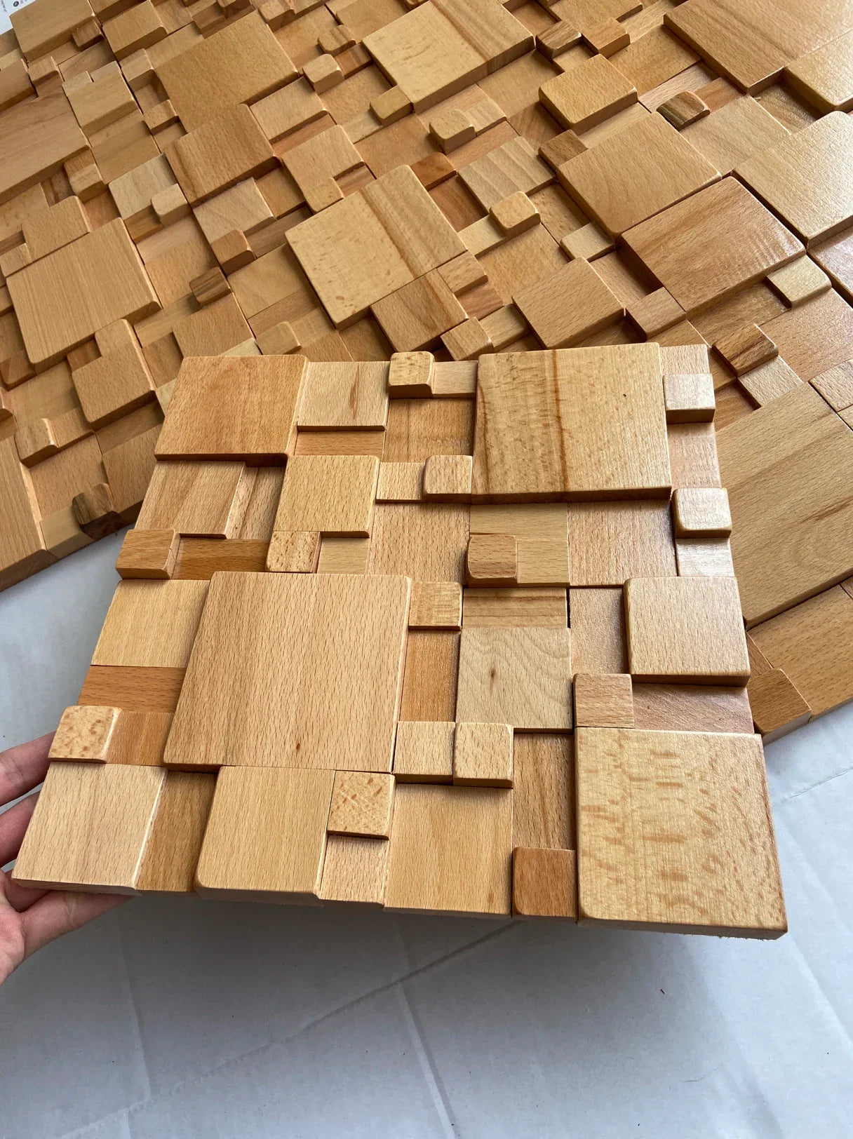 Maliben Mosaic Acoustic Wall Panels — Solid Beech & Walnut