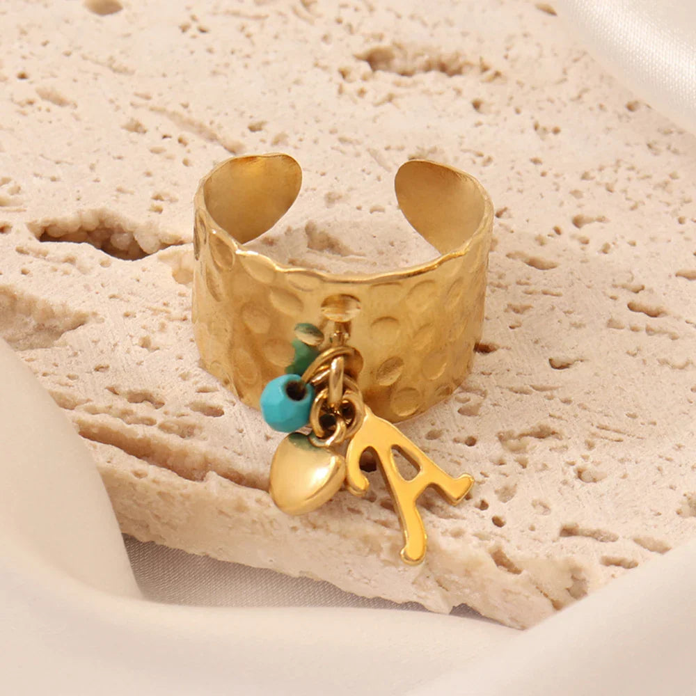 Maliben | Dainty Adjustable Letter Initial & Heart Pendant Ring