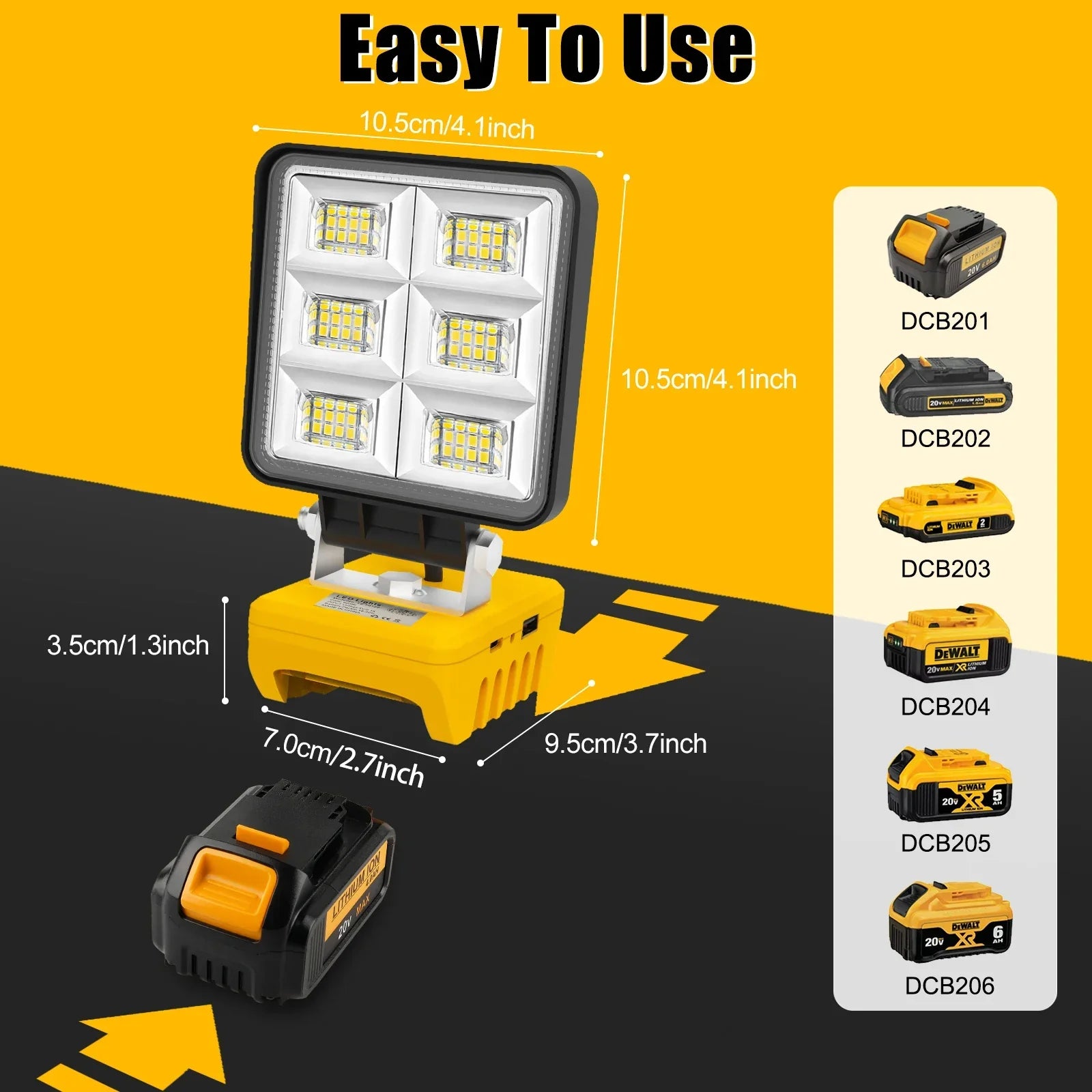 Maliben | Powerluma 48 Led Work Light | 48w Battery Construction Spotlight | 5200 Lumen | Usb-C Charging Port | For Dewalt Batteries (Without Battery)