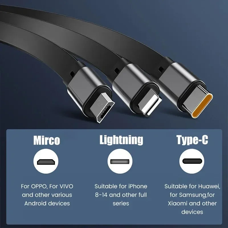 Maliben | 3-In-1 Charging Cable | Fast Charging 100w | Extendable & Universal | Flexicharge For Iphone, Android & Usb-C