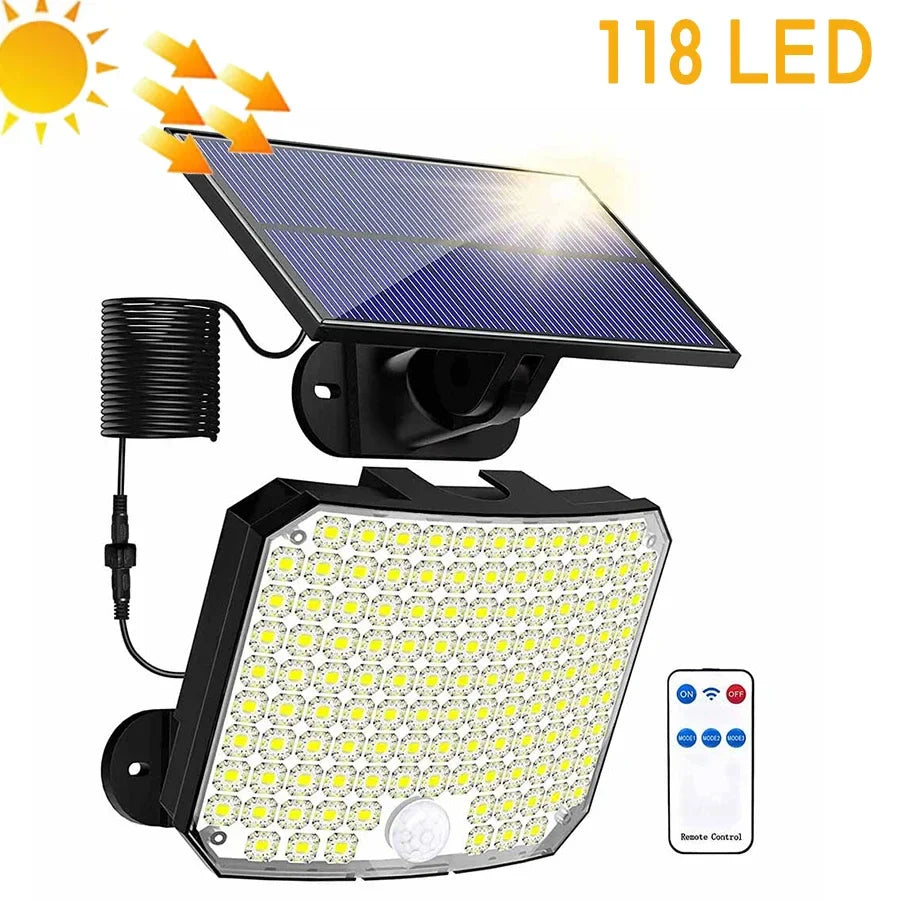Maliben | Solvalux Solar Wall Light With Motion Sensor | 192 Leds | ReMovable Solar Panel With 5 m Cable | 4 Modes & Remote Control | Ip65 Waterproof