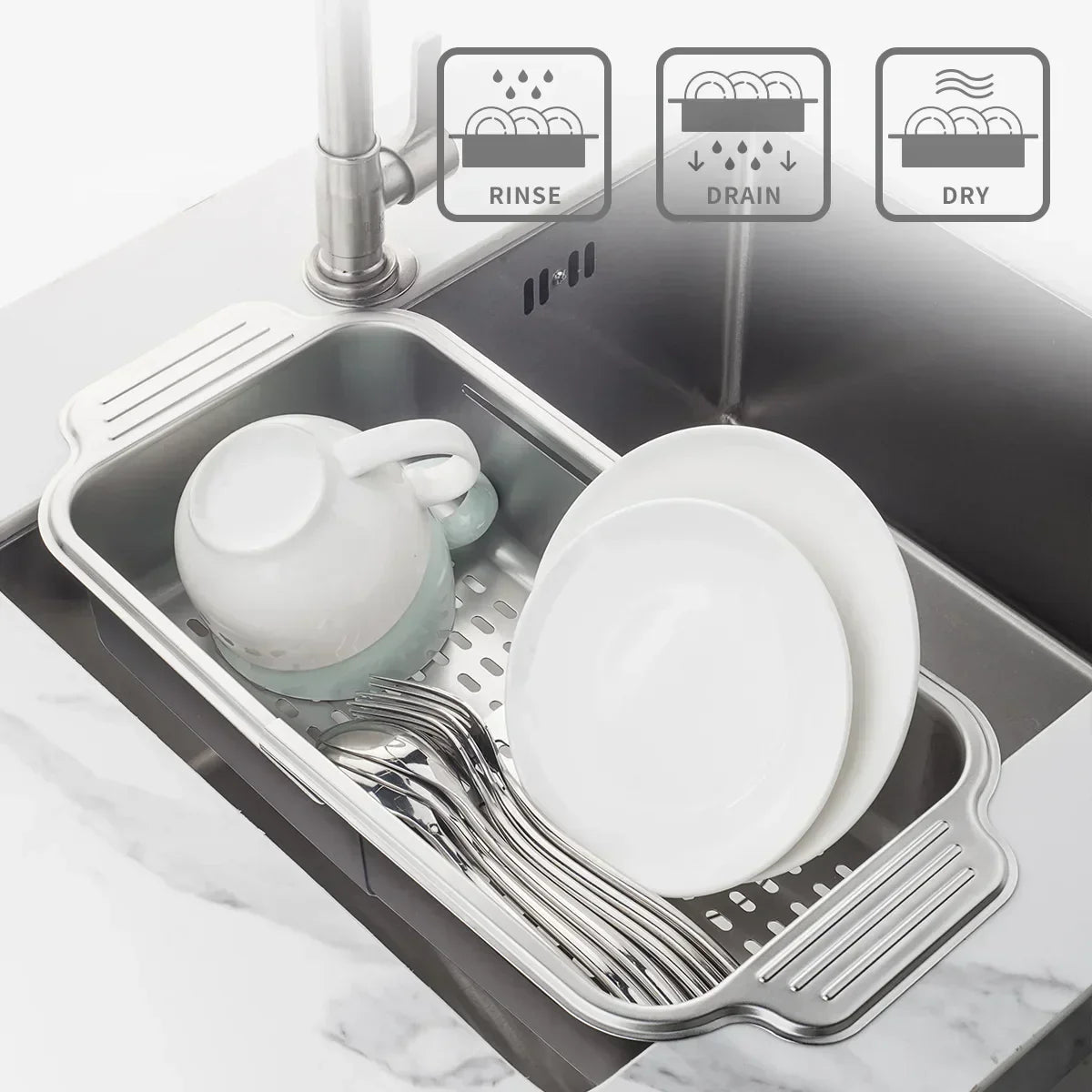 Maliben | Retractable Over Sink Stainless Steel Vegetable Drain Basket