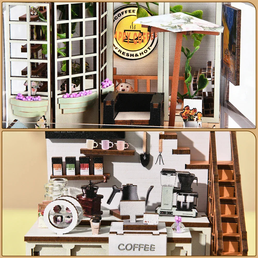 Maliben | Solecaffè Diy Book Nook | Miniature Coffee House 3d Wood Kit | With Led Lighting | Creative Bookshelf Diorama & Gift Idea
