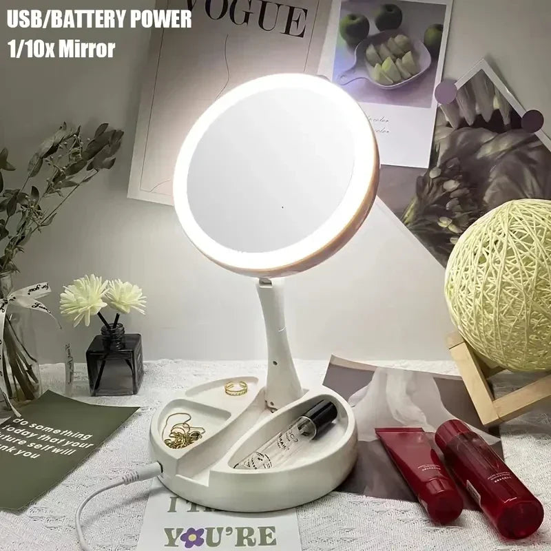 Maliben | Glamora Travel Mirror Led | Double-Sided & 10x Magnification | Foldable & Portable | With Accessory Compartment