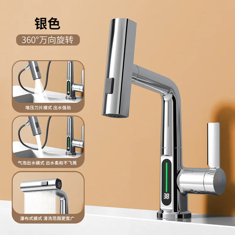 Maliben | Retractable Waterfall Faucet With Temperature Display In Stainless Steel