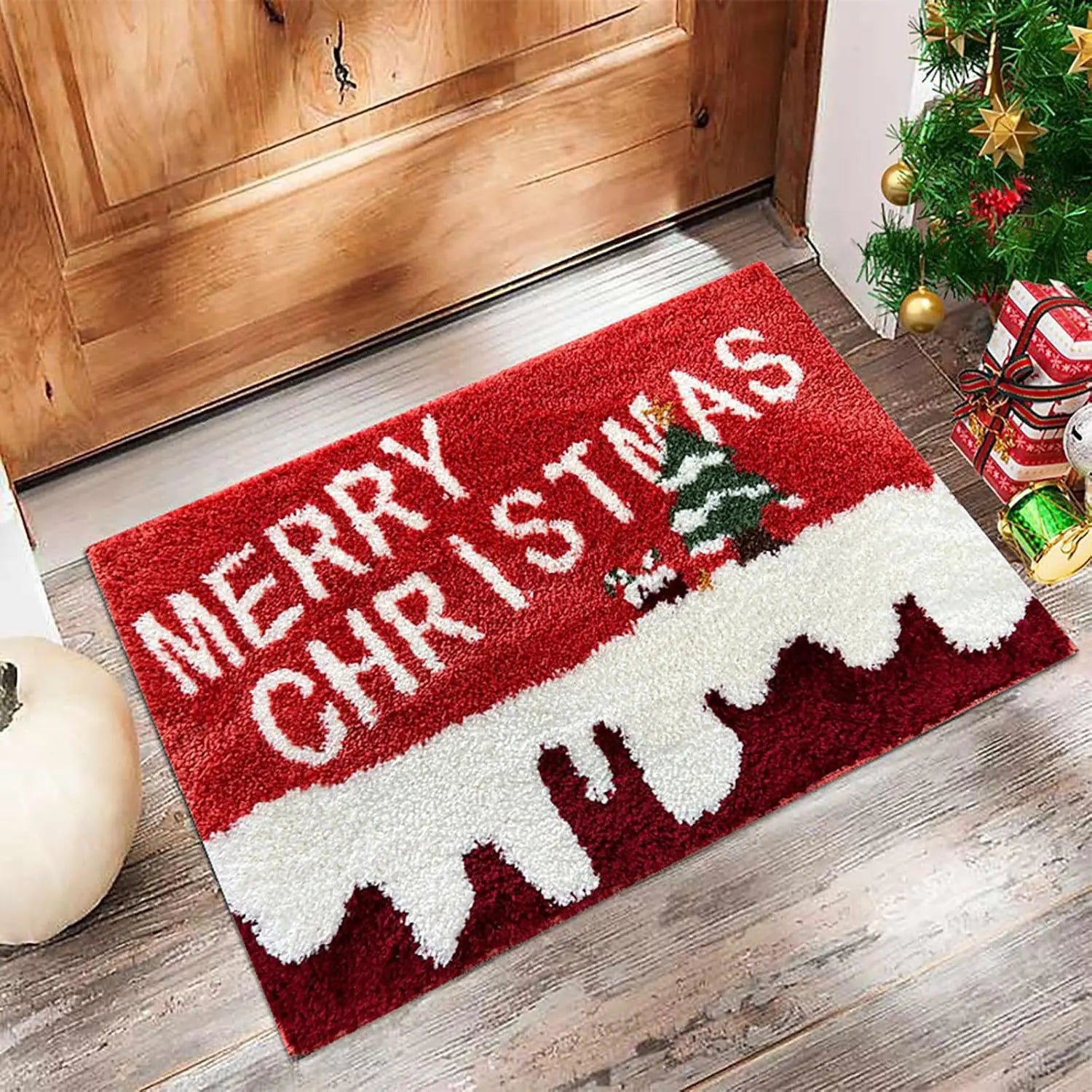 Maliben | Winter Love | Christmas Doormat | Santa & Gingerbread Man | Red | For Indoor & Outdoor | Non-Slip & Washable