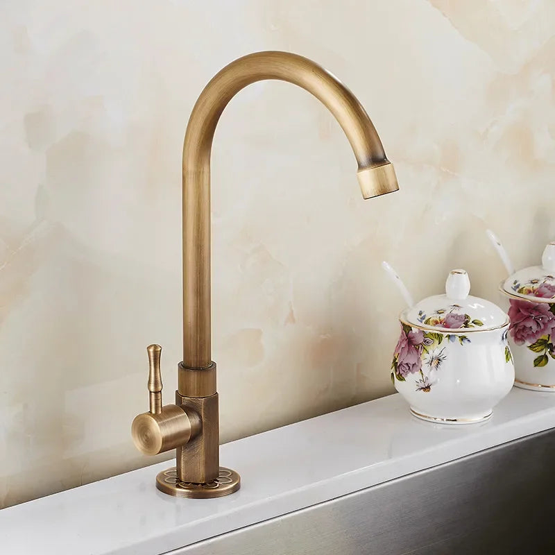 Maliben | Swan Neck Kitchen Faucet - Timeless Antique Brass Kitchen Faucet With Swan Neck Design