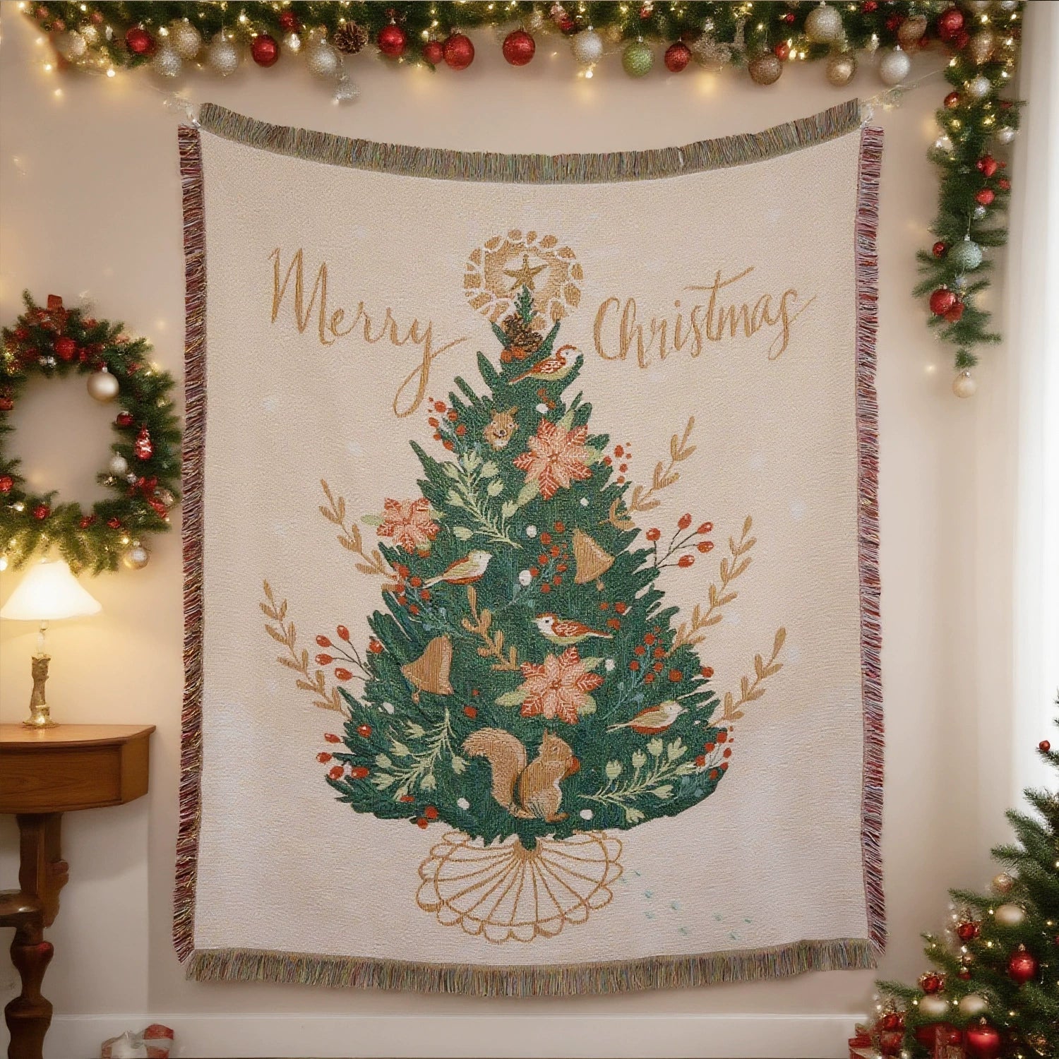 Christmas Squirrel Tree Jacquard Tapestry Throw
