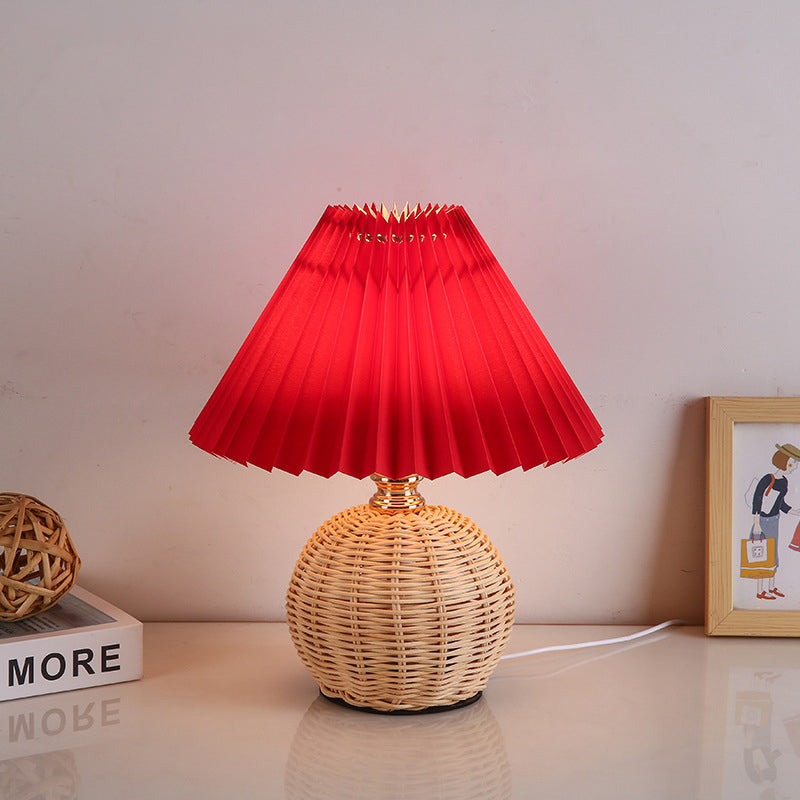 Maliben | Rattalume Nordic Led Table Lamp | Woven Rattan & Foldable Fabric Shade | Mood Light | Decor For The Bedroom
