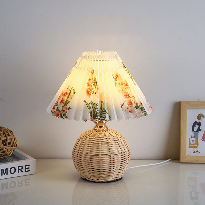 Maliben | Rattalume Nordic Led Table Lamp | Woven Rattan & Foldable Fabric Shade | Mood Light | Decor For The Bedroom