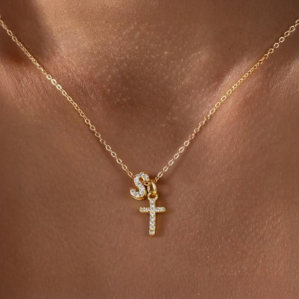 Maliben | Dainty Diamond Initial & Cross Necklace