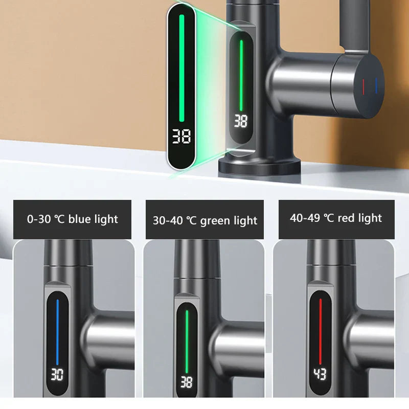 Maliben | Retractable Waterfall Faucet With Temperature Display In Stainless Steel