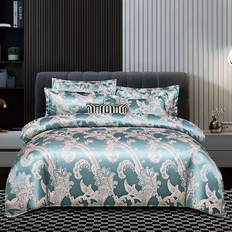 Maliben | Luxurious SatIn Rayon Jacquard Duvet Cover in Gold & Blue
