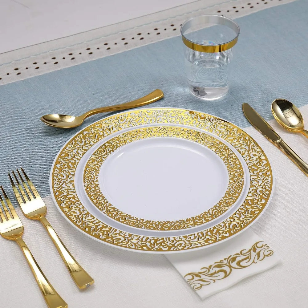 Maliben | 350pcs Disposable Gold Lace Dinnerware Set for 50 Guests
