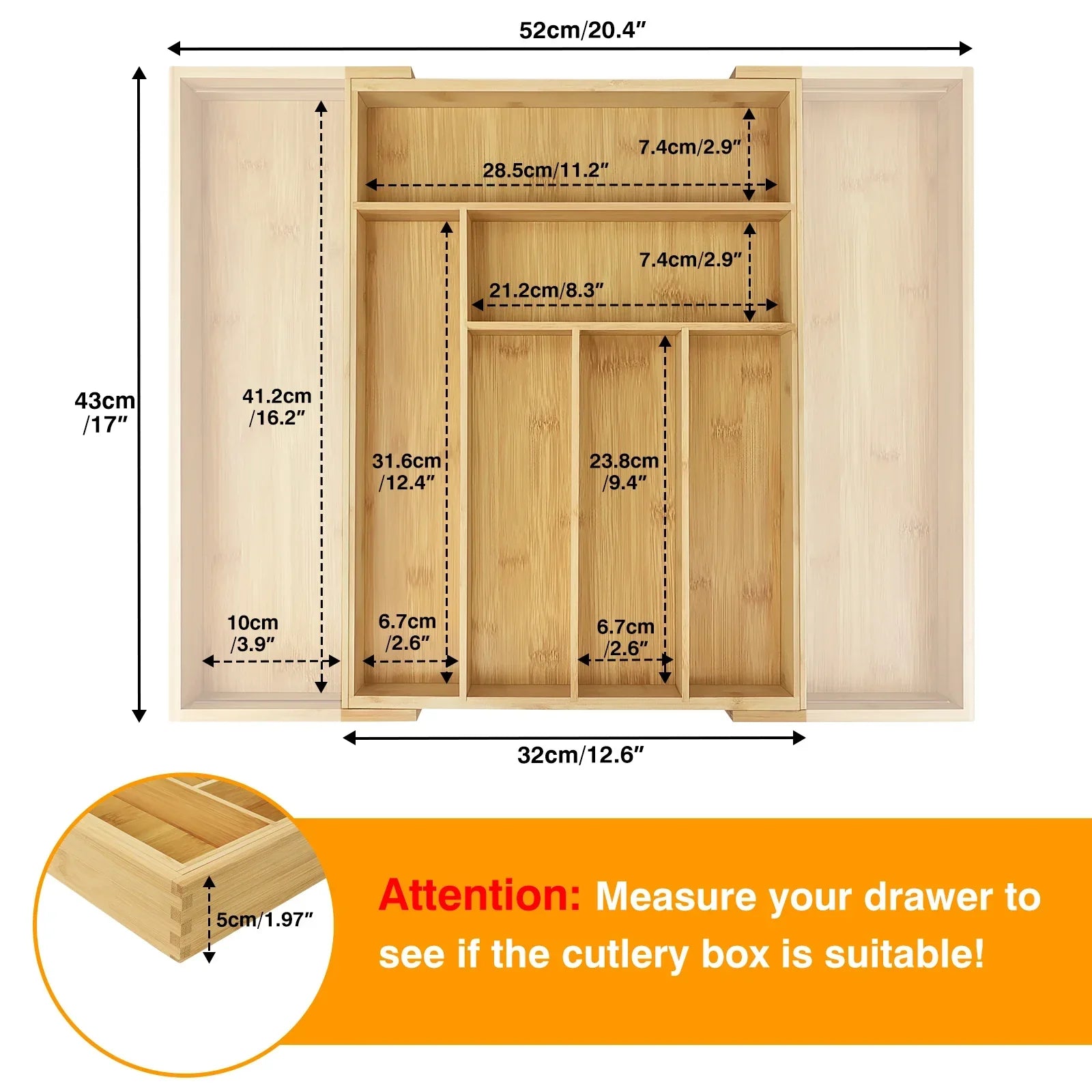 Maliben | Bambusio Cutlery Tray Made Of Bamboo | Expandable 32–52 Cm | 6–8 Compartments | Sustainable Drawer Insert For Kitchen, Bathroom & Office