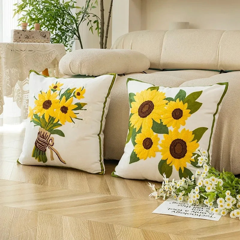 Maliben | Cotton Embroidered Decorative Pillow 45x45 Cm With Sunflower Pattern