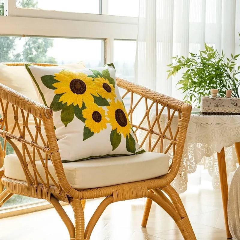 Maliben | Cotton Embroidered Decorative Pillow 45x45 Cm With Sunflower Pattern