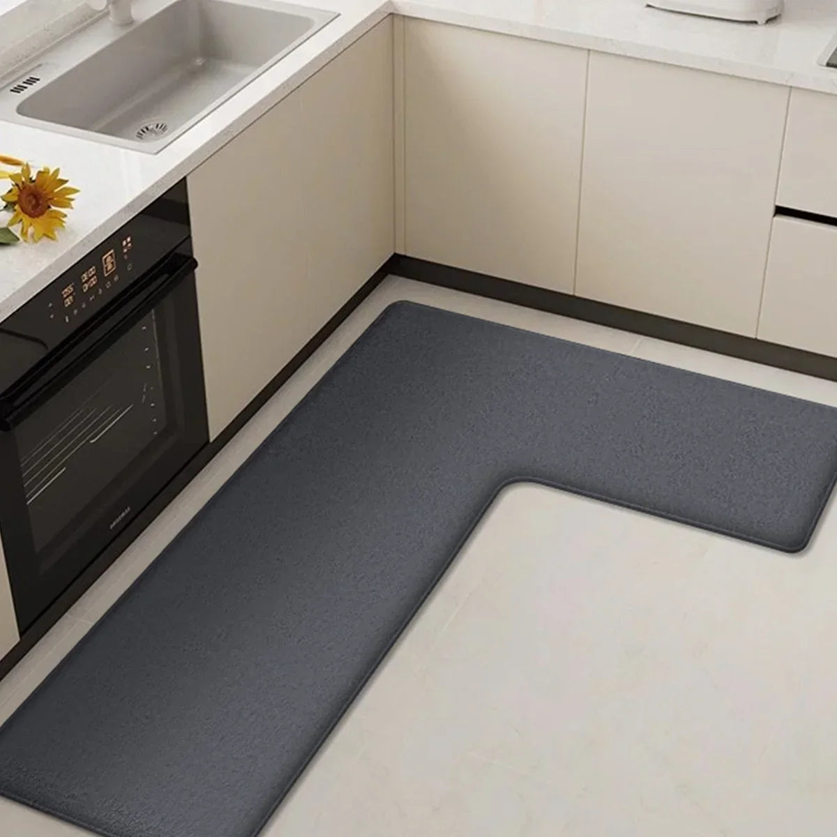 Maliben | Cleanluxe Kitchen Mat | L-Shaped & Thickened | Non-Slip, Oil-Absorbent & Dirt-Repellent | Soft Flannel For More Comfort