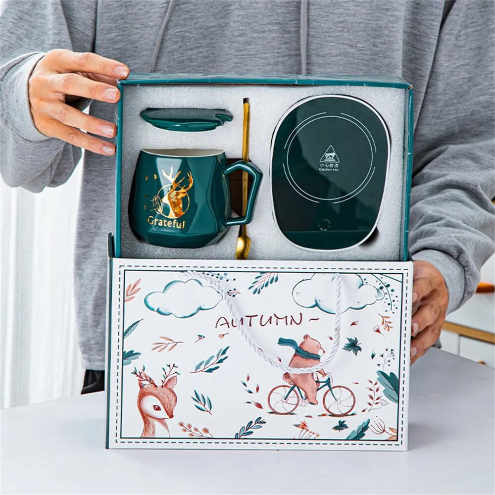 Maliben | Smart Ceramic Mug Heater Cup Coaster Warmer Thermostat Coffee Heating Electric Mug Set Milk Tea Heating Water Home Office Gift