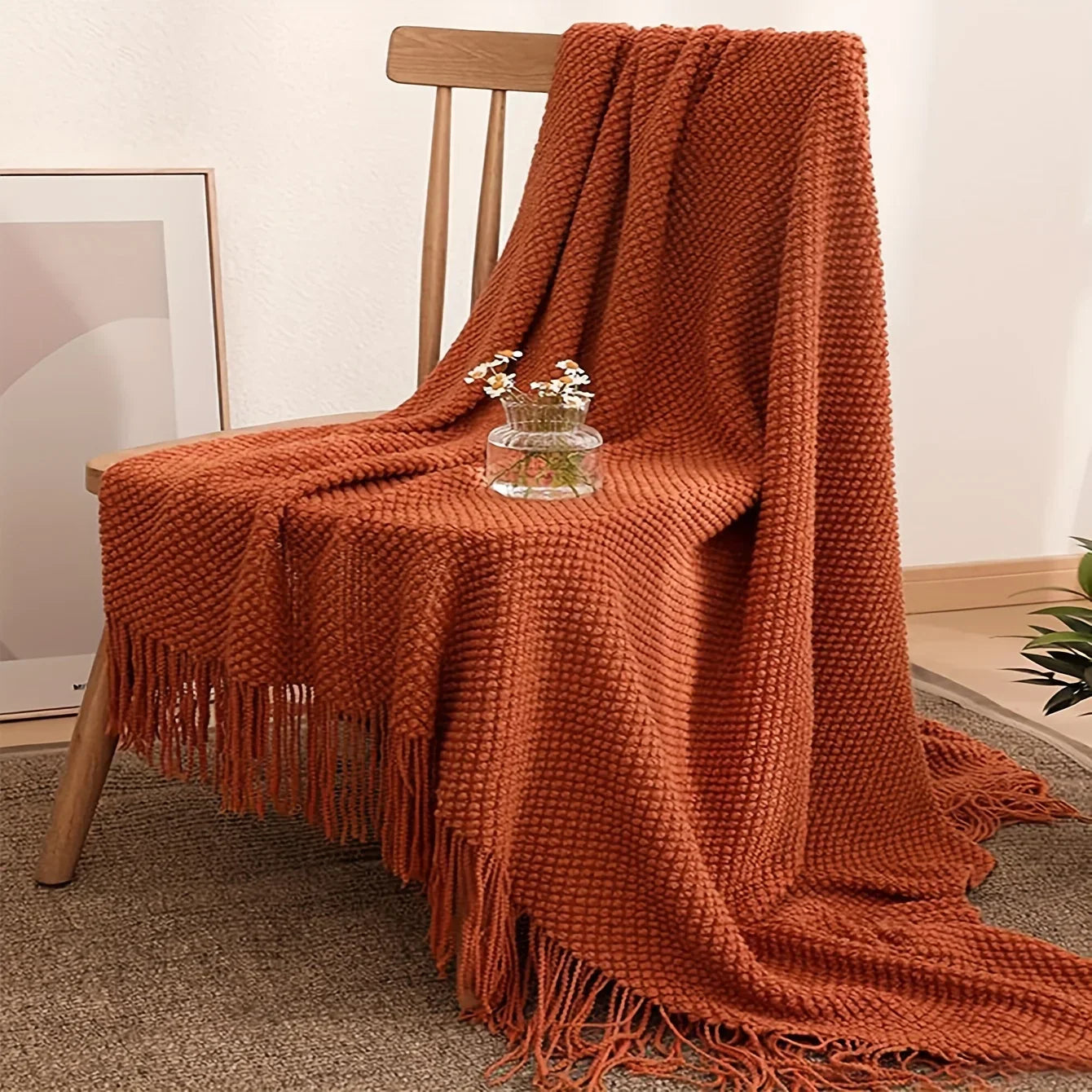 Maliben | Aurelia Cozy Tassel Knitted Blanket In Morandi Orange | Soft & Warm | 3 Sizes | For Sofa, Bed & Travel