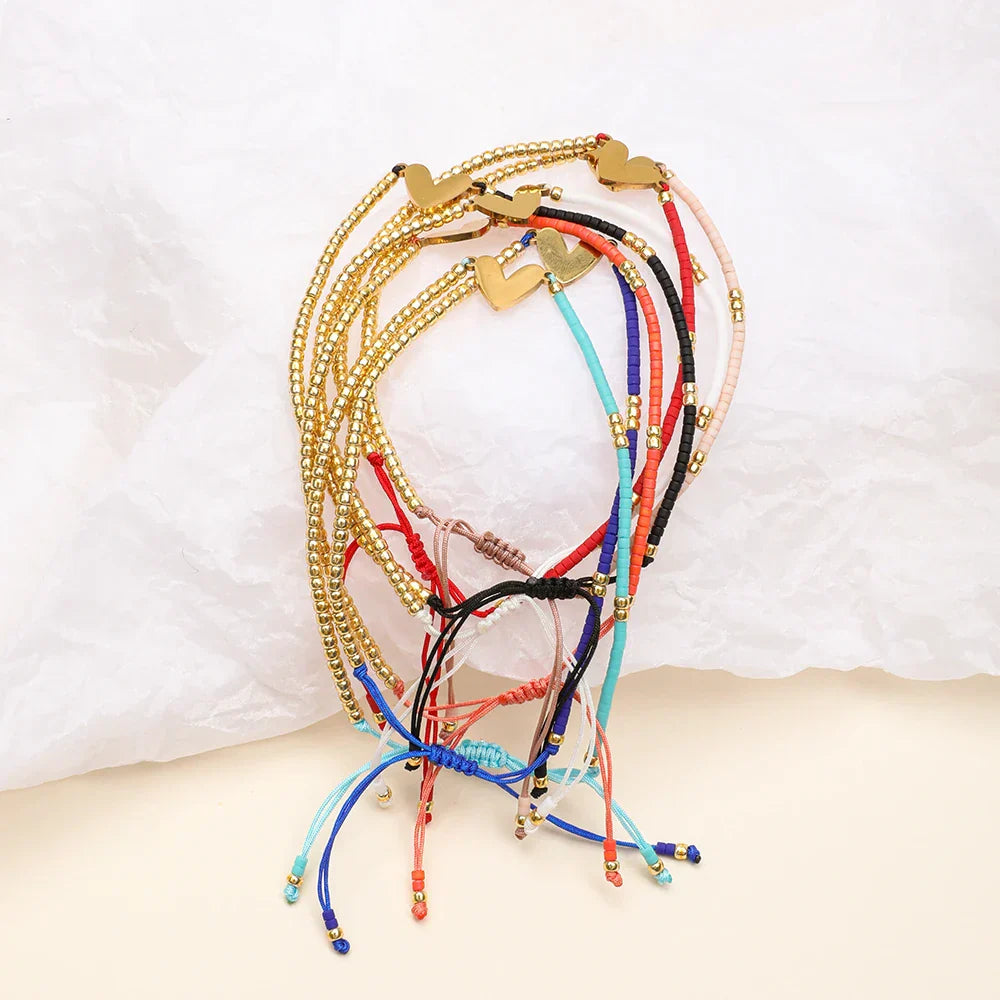 Maliben | Adjustable Dainty Beaded Flat Heart Bracelet