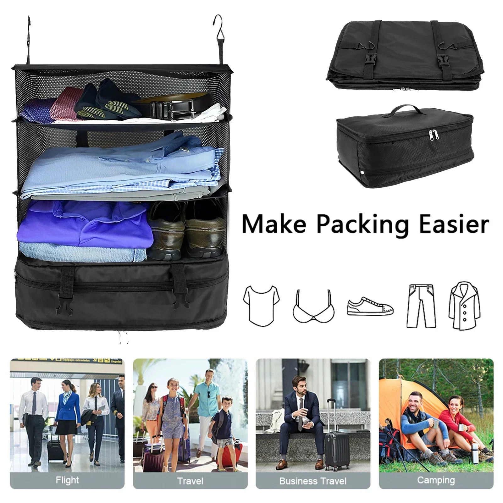 Maliben | Packelier Suitcase Organizer | Hanging Shelf For Travel | 3 Compartments | Foldable & Water-Resistant | Black