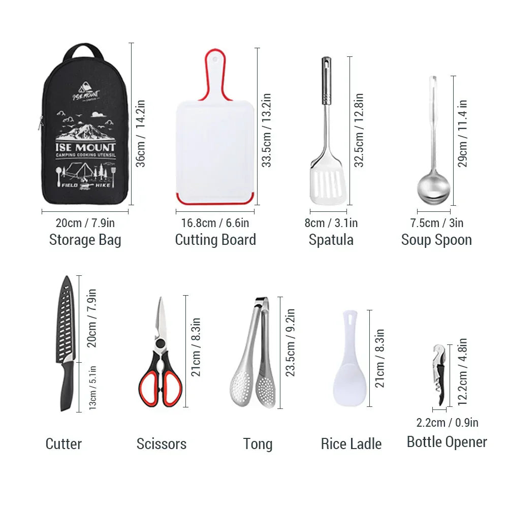 Maliben | Terrachef Adventurekit Camping Kitchen Set 9-Piece | Incl. Storage Bag | Stainless Steel Outdoor Cooking Accessories | For Camping, Hiking & Bbq