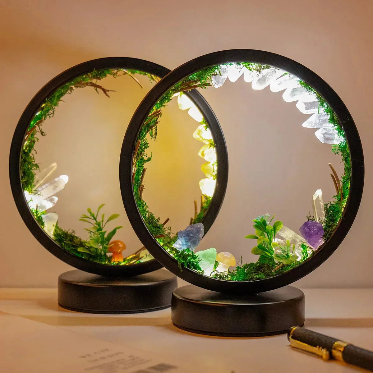 Maliben | Elegant Night Light - Round Frame - Green Crystals - Chic Decoration