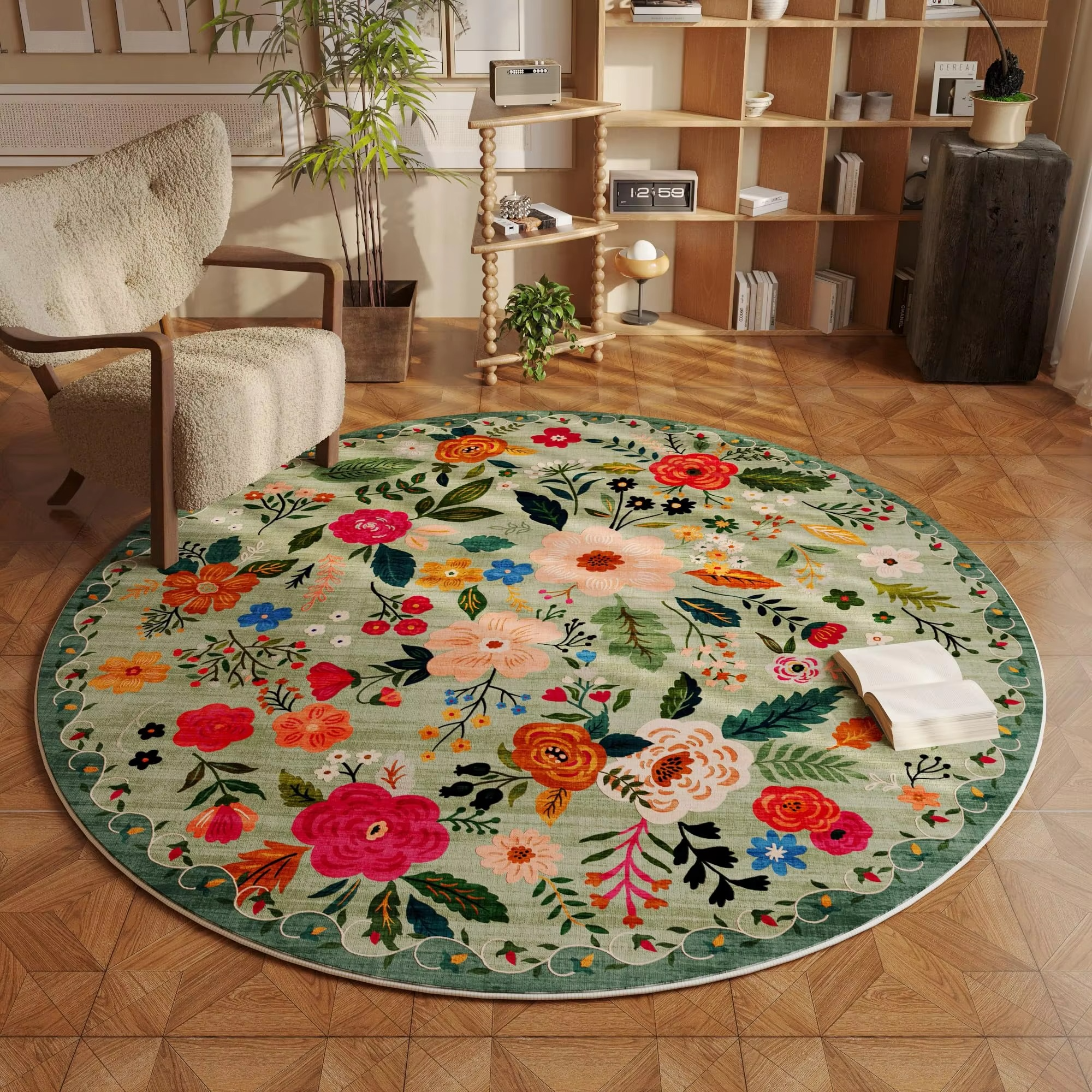 Maliben | Beige Round Floral Rug With Washable Non-Slip Backing, Fade Resistant For Living Room