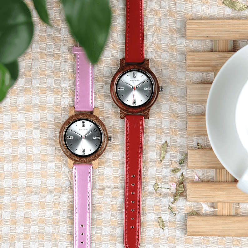 Maliben | Womens Wooden Watch (Pink Or Red) With Date Display