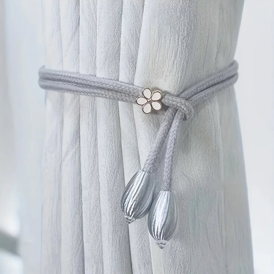Maliben | Floravia Curtain Holders 2-Piece Set | Adjustable Without Drilling | With Flower Buckle | Elegant Home Accessory