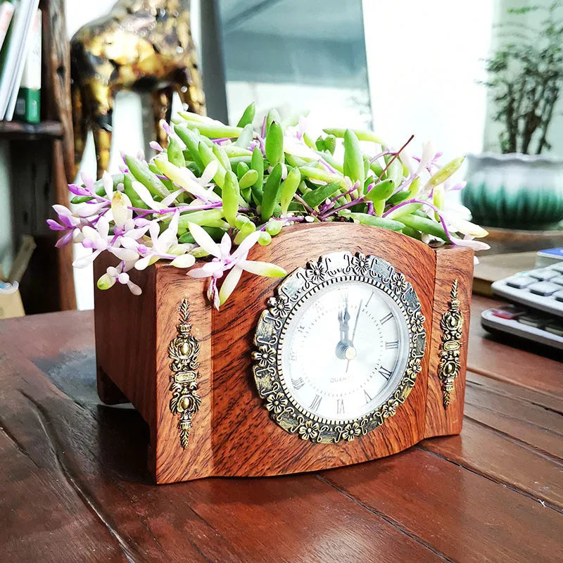 Maliben | Timebloom | Vintage Tabletop Clock With Flower Pot | Creative Decorative Element Made Of Resin | Antique Style For Living Room