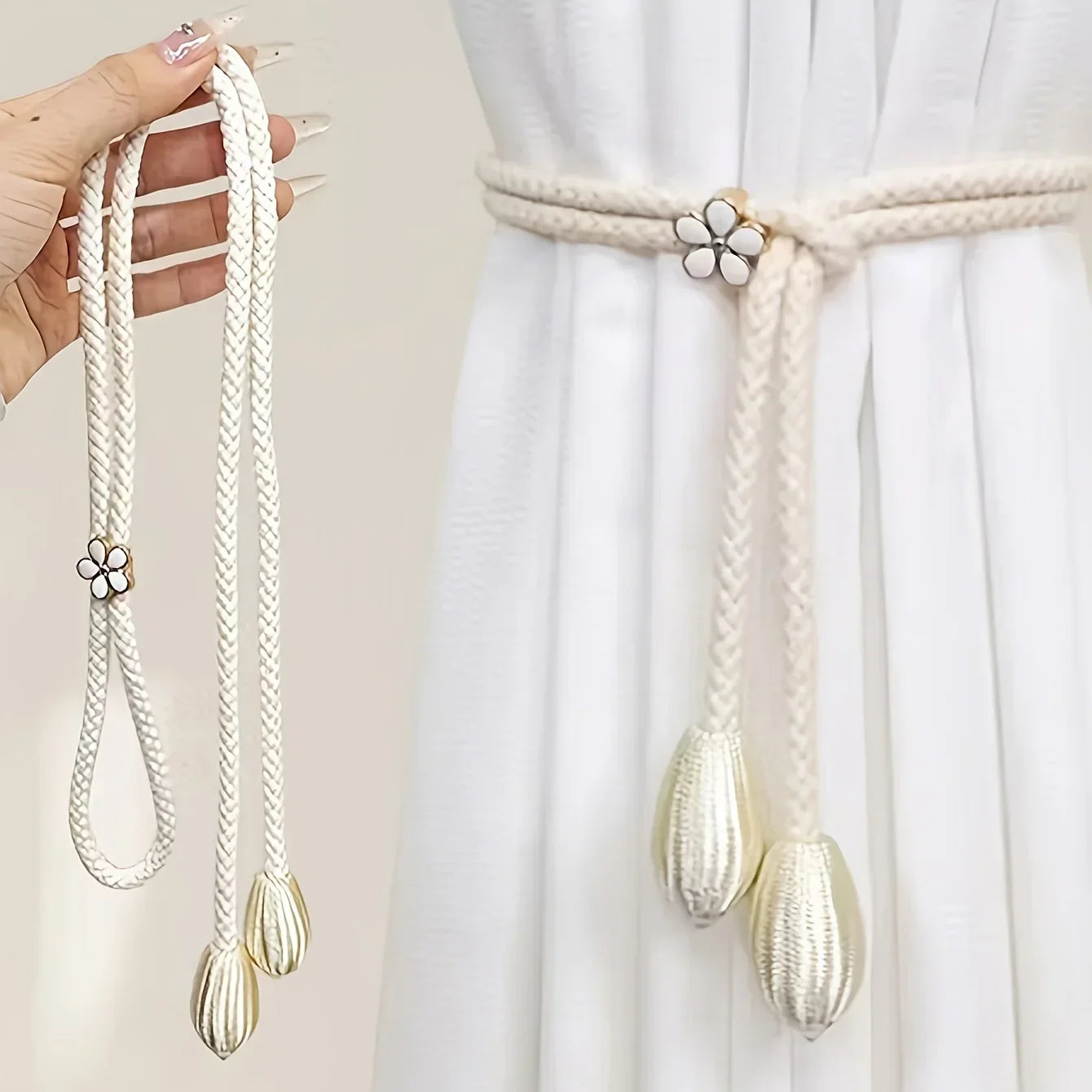 Maliben | Floravia Curtain Holders 2-Piece Set | Adjustable Without Drilling | With Flower Buckle | Elegant Home Accessory