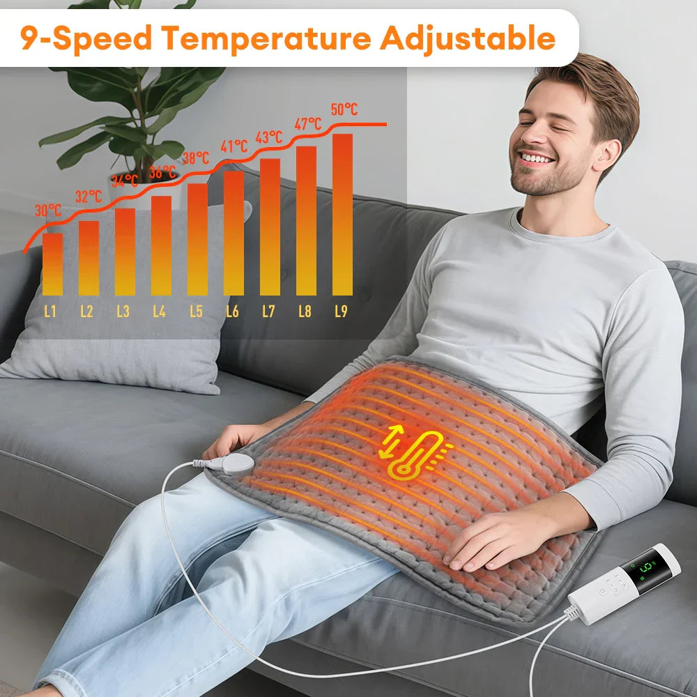Maliben | Thermaease Electric Heating Pad | 9 Temperature Levels & 4 Timer Modes | 30×60 Cm | Washable & Quick Heating | For Back, Stomach & Legs