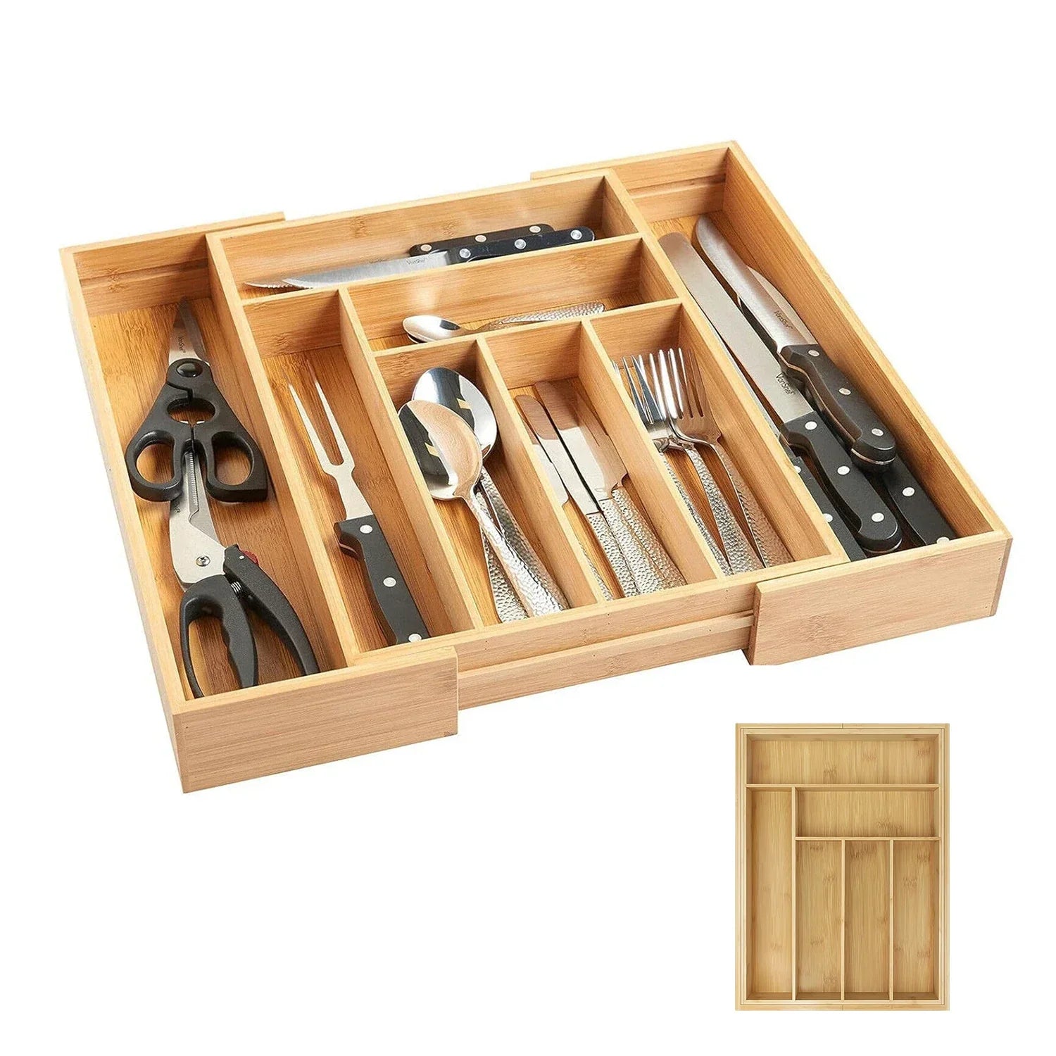 Maliben | Bambusio Cutlery Tray Made Of Bamboo | Expandable 32–52 Cm | 6–8 Compartments | Sustainable Drawer Insert For Kitchen, Bathroom & Office