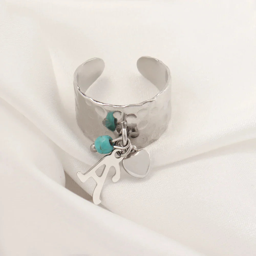 Maliben | Dainty Adjustable Letter Initial & Heart Pendant Ring