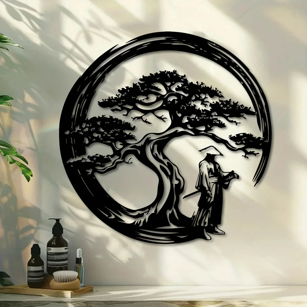 Maliben | Zenora Metal Wall Decor Bonsai | Japanese Design With Torii & Enso | 40 × 40 Cm