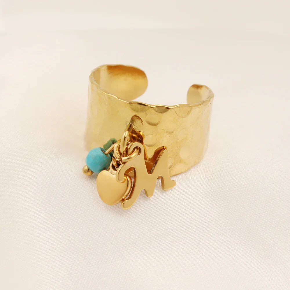 Maliben | Dainty Adjustable Letter Initial & Heart Pendant Ring